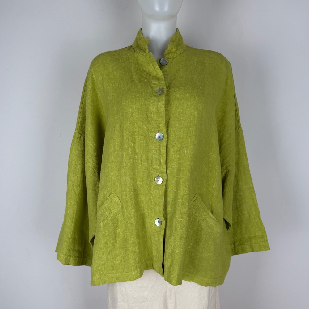 Bryn Walker Womens Large Lime Green 100% Linen Oversized Button Front Shirt USA